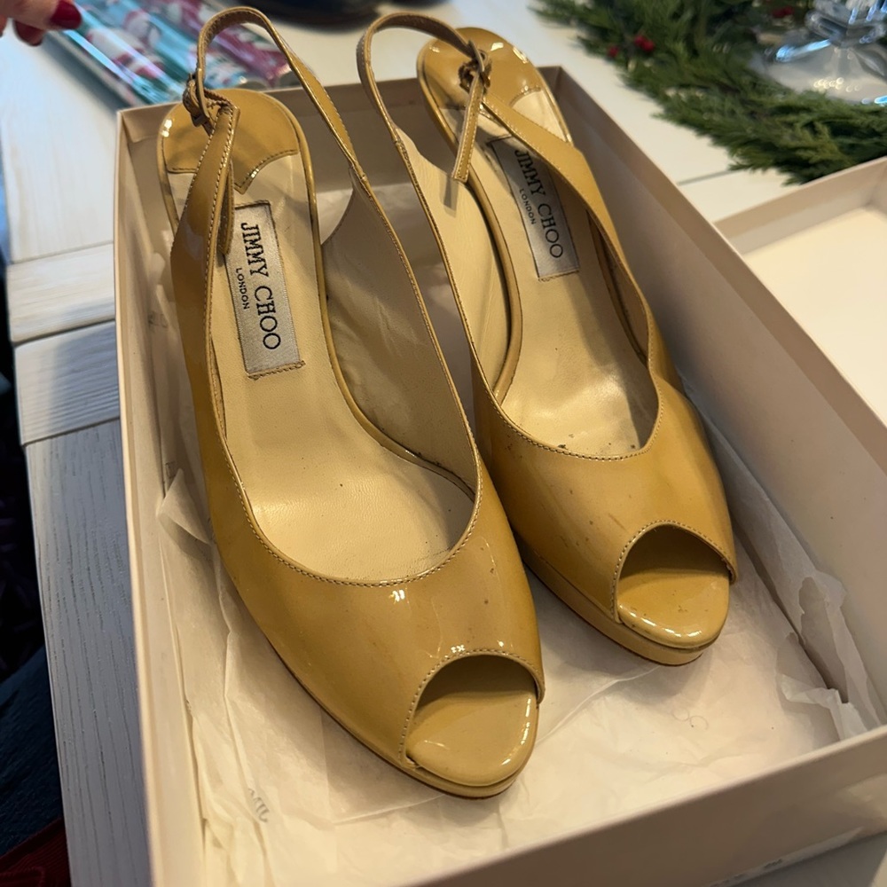 Jimmy Choo Deep Beige Peep Toe Slingback Heels